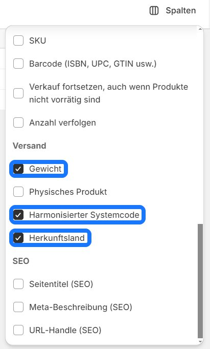 Spalten für Zollinformationen auswählen