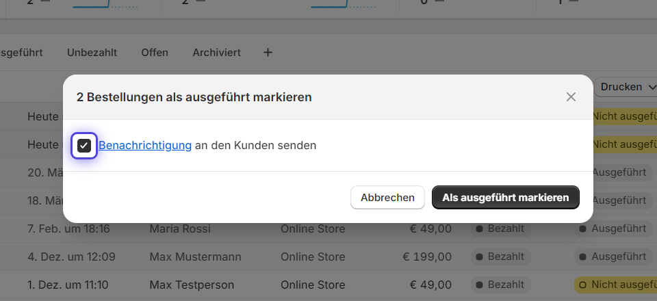 Kundenbenachrichtigung deaktivieren